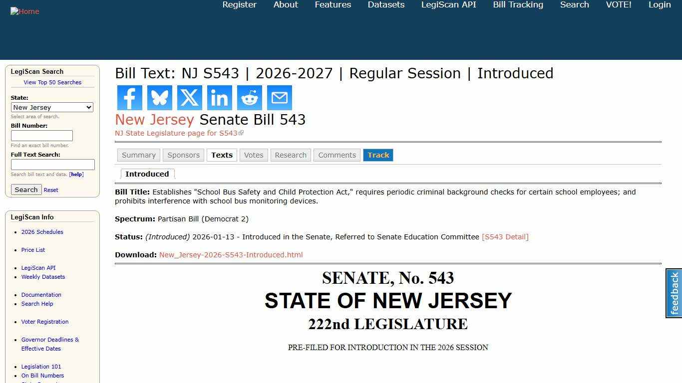 Bill Text: NJ S543 2026-2027 Regular Session Introduced LegiScan